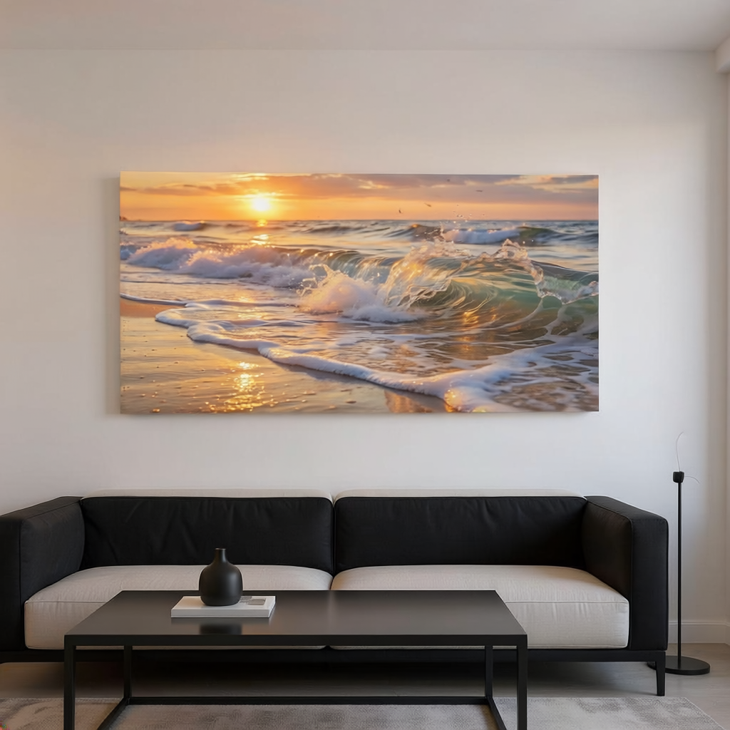Living room with a large beach sunset painting on the wall above a black sofa.