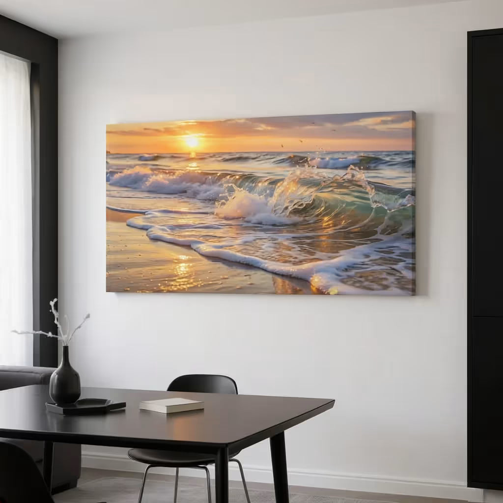 Golden Sunrise Beach Canvas Wall Art Ocean Waves Seascape Print