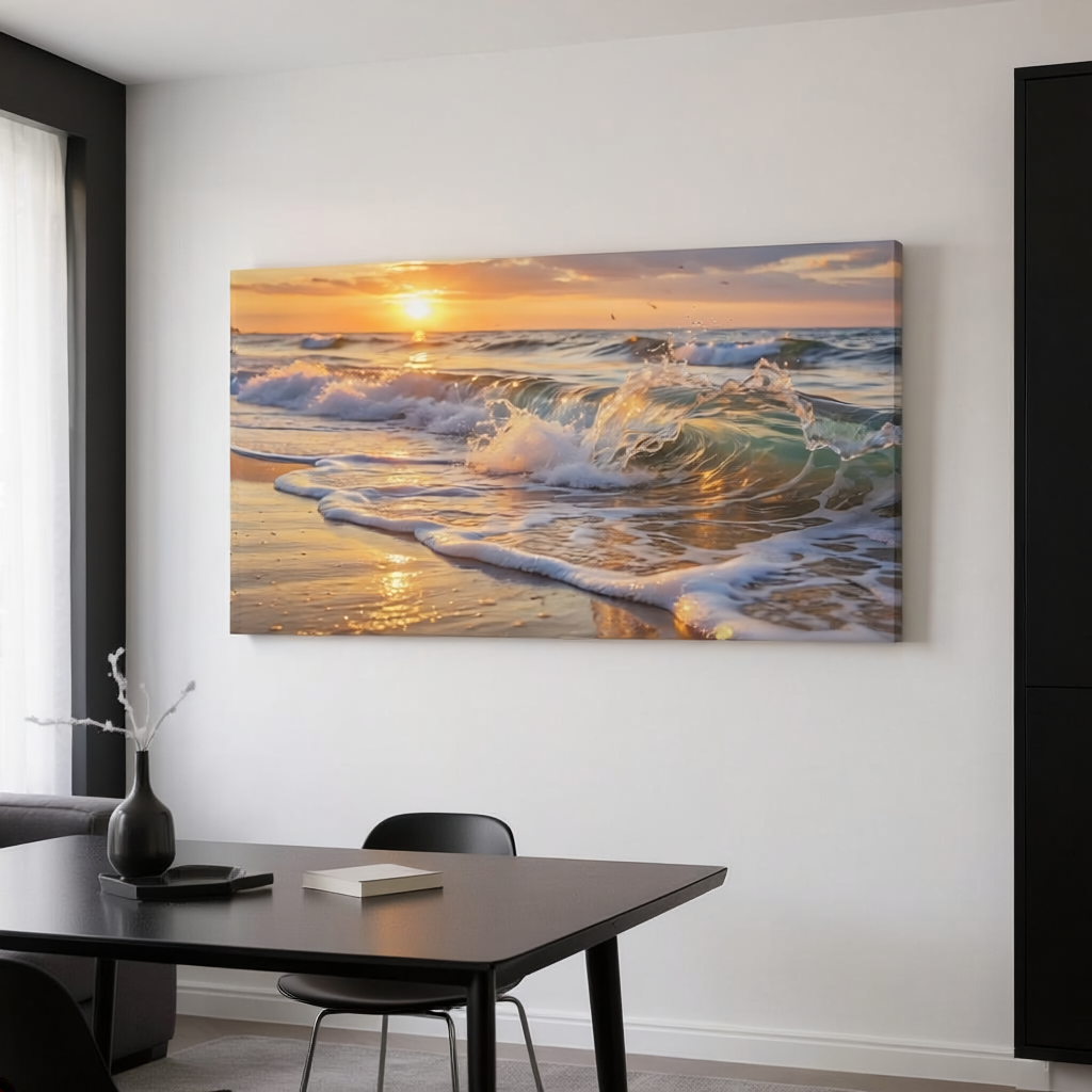 Beach scene painting on a wall above a modern dining table.