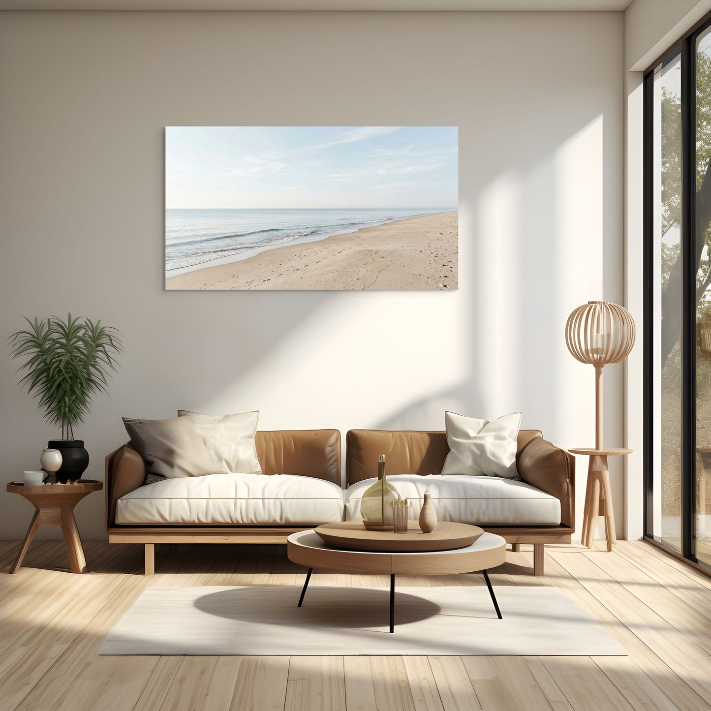 Modern living room with a beach scene painting on the wall