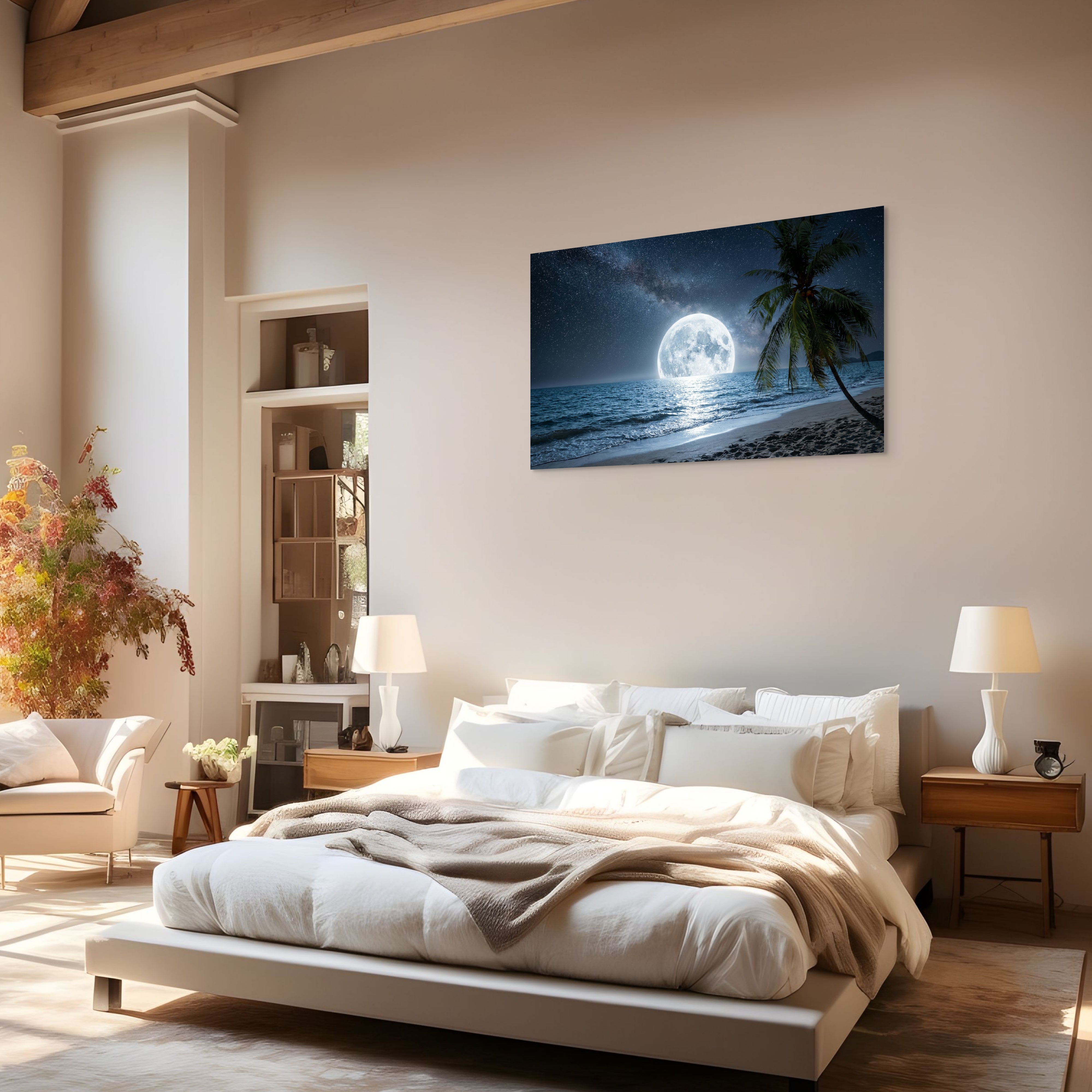 Moonlight Beach Canvas Wall Art – Full Moon Ocean Palm Tree Coastal Decor Secondary image
