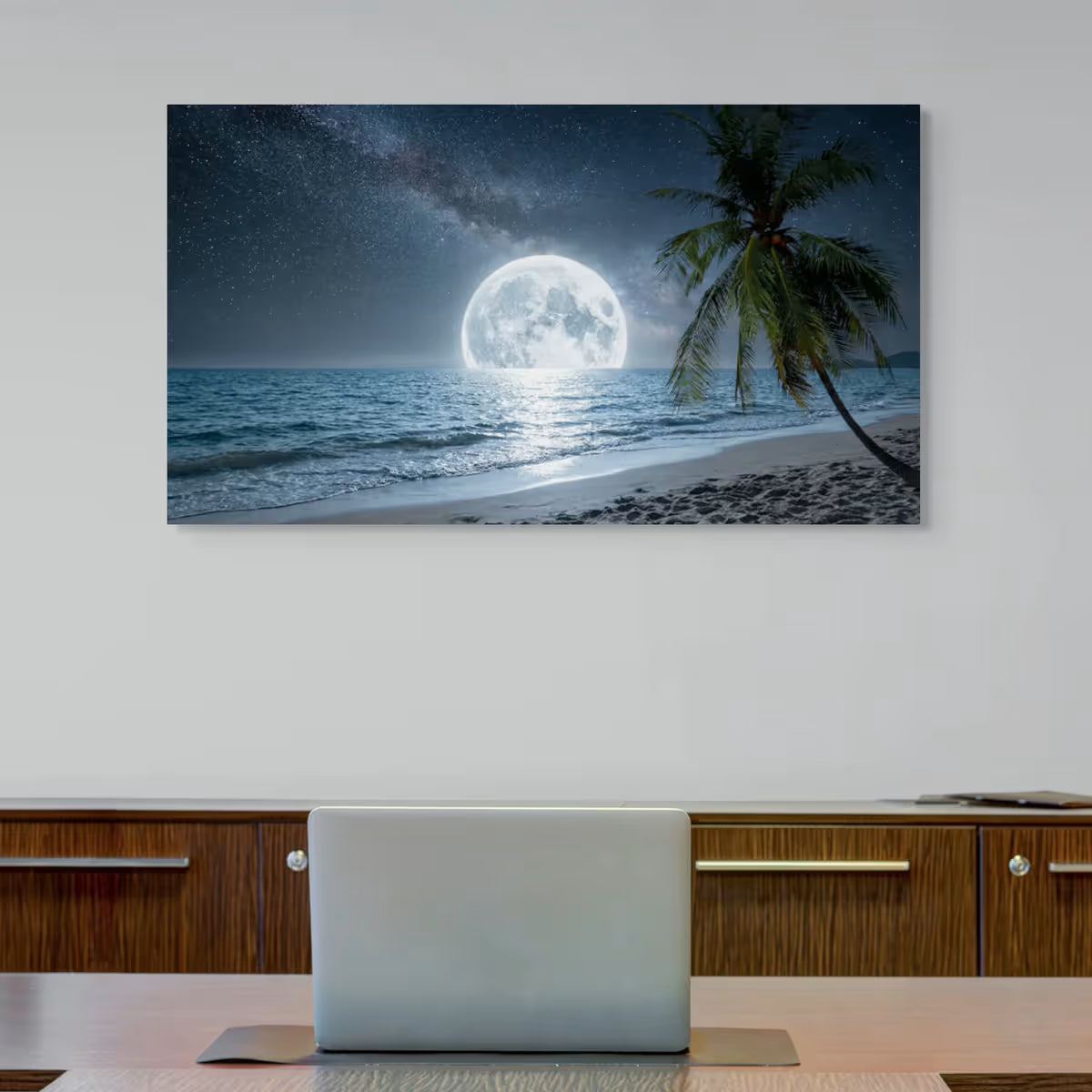 Moonlight Beach Canvas Wall Art Full Moon Ocean Palm Tree Coastal Decor