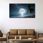 Moonlight Beach Canvas Wall Art Full Moon Ocean Palm Tree Coastal Decor