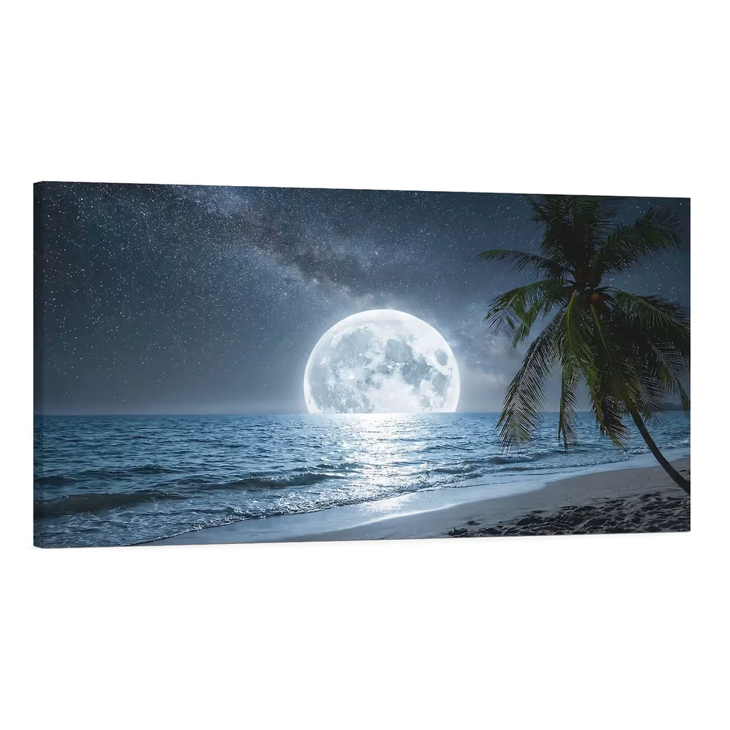 Moonlight Beach Canvas Wall Art Full Moon Ocean Palm Tree Coastal Decor