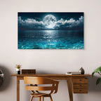 Wall art of a moonlit sea above a wooden desk with a chair.