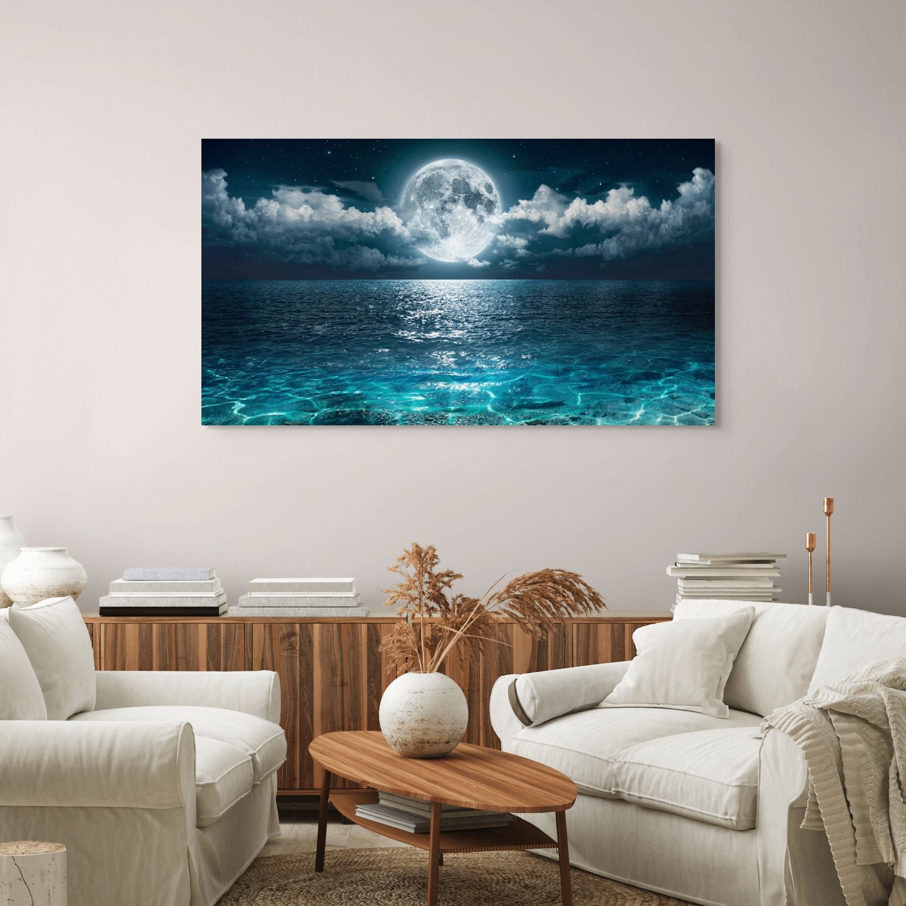Living room with a large ocean painting on the wall Main image