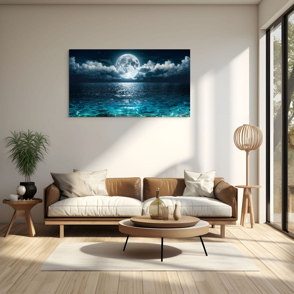 Modern living room with a large wall art of a moonlit sea.