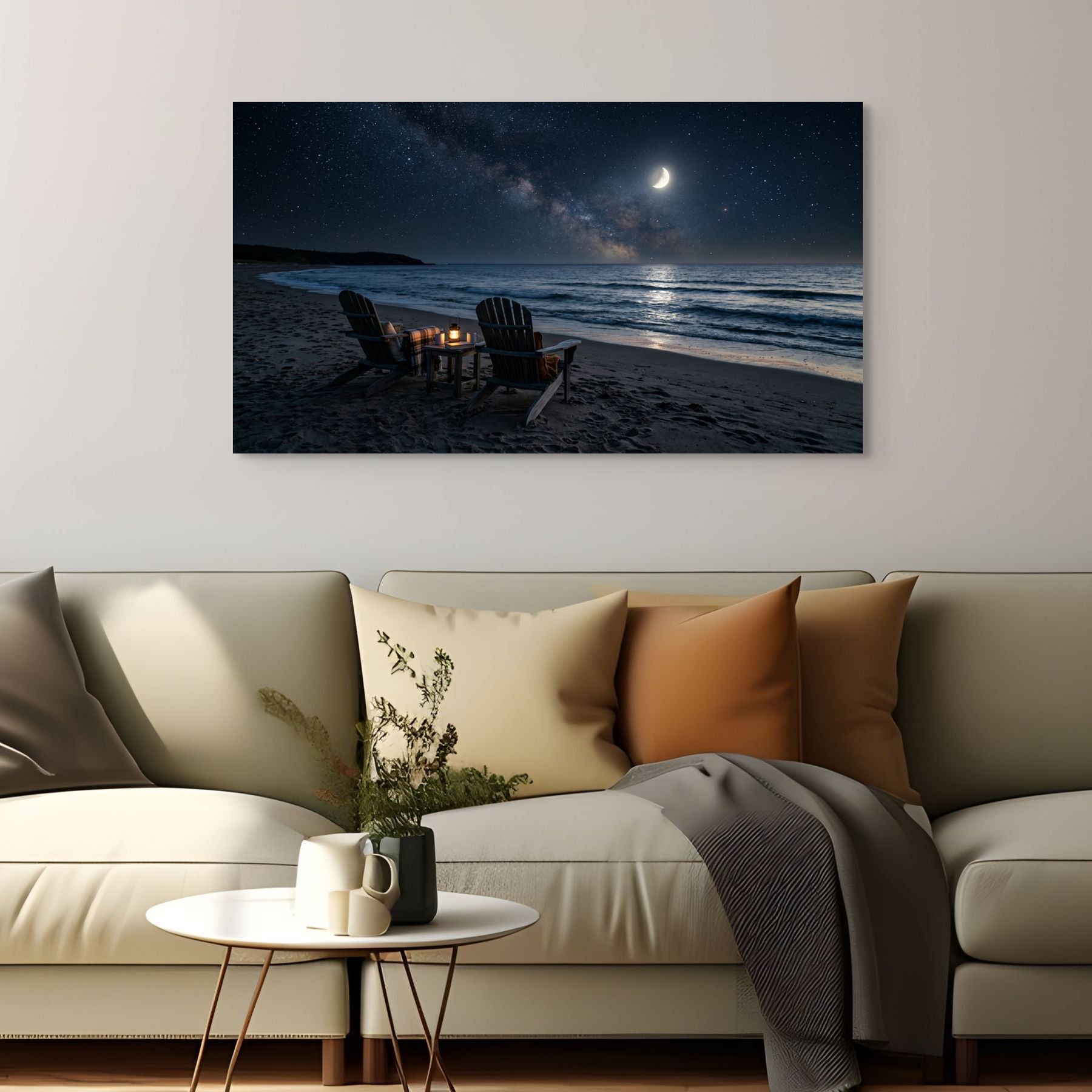 Beach scene with chairs and candles on a wall above a sofa with decorative pillows. Main image