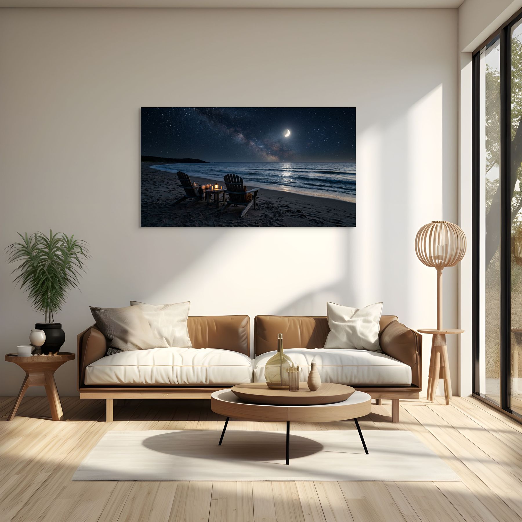 Moonlit Beach Chairs Canvas Wall Art – Night Ocean Seascape Print Secondary image