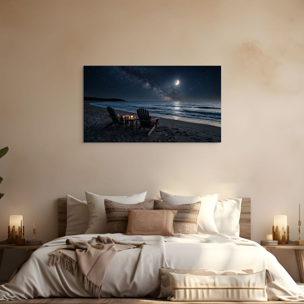 Bedroom with a large wall art depicting a night beach scene.
