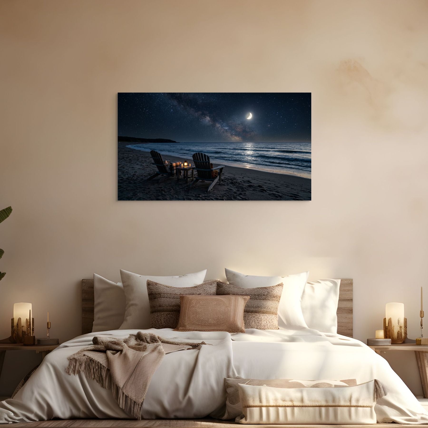 Bedroom with a large wall art depicting a night beach scene.