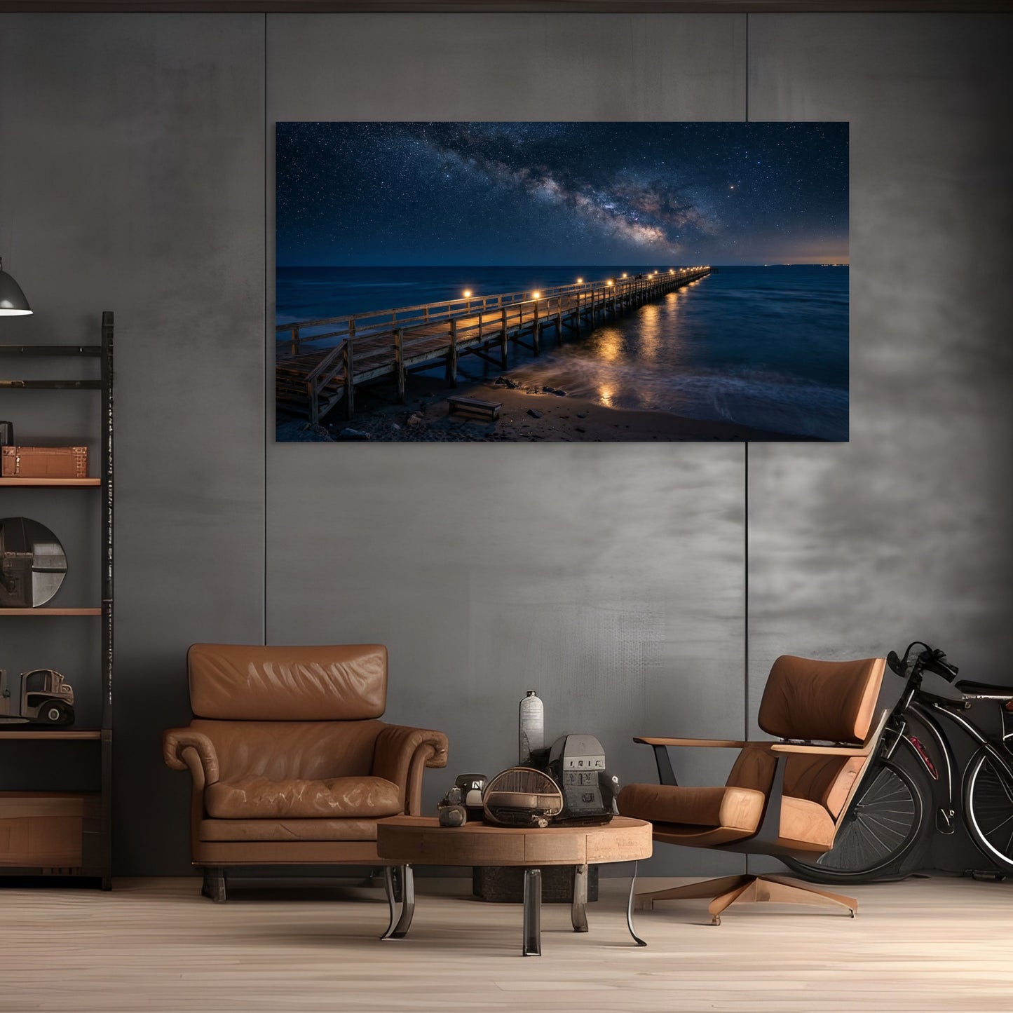 Living room with brown leather chairs, a coffee table, and a large TV displaying a scenic view of a pier at night.