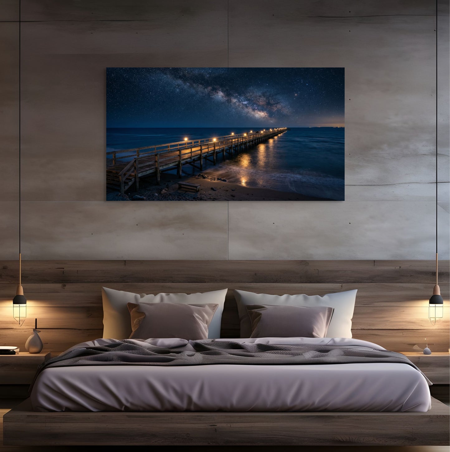 Bedroom with a large wall-mounted canvas displaying a night scene of a pier over water.