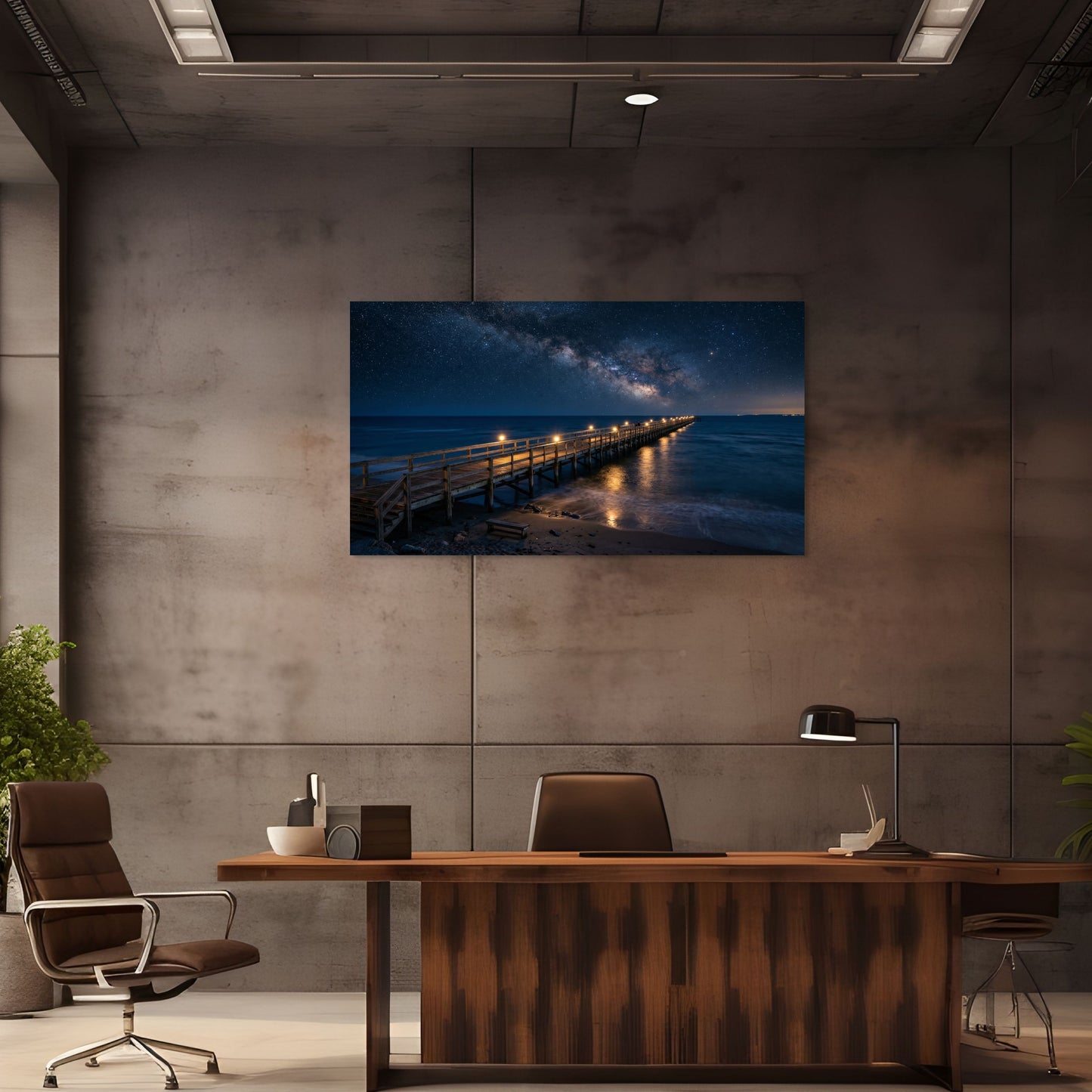 Modern office interior with a large TV screen displaying a scenic image of a dock at night.