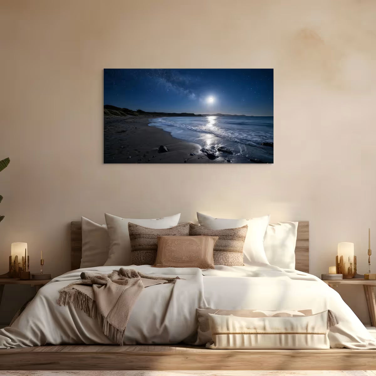 Moonlight Beach Canvas Wall Art Night Ocean Shore Landscape Print