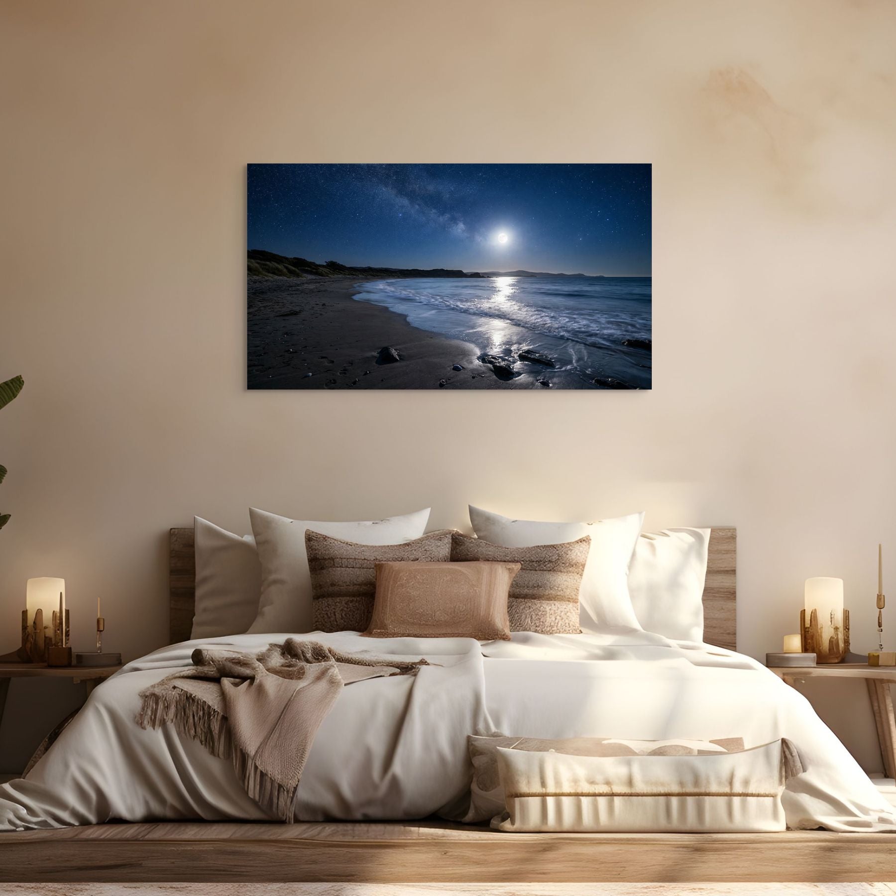 Bedroom with a large wall-mounted canvas print of a beach scene.