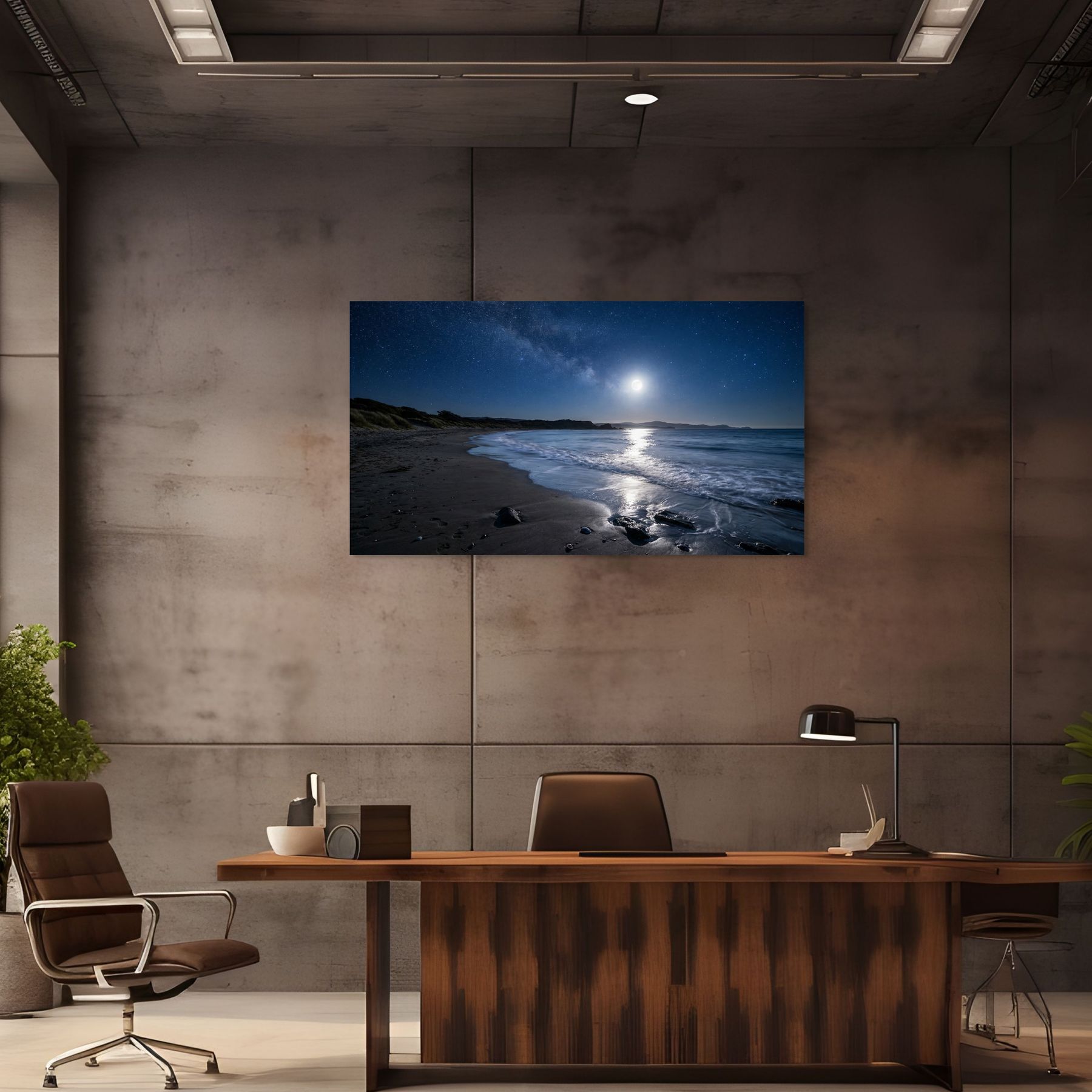 Modern office interior with a large canvas wall art displaying a beach scene at night. Main image
