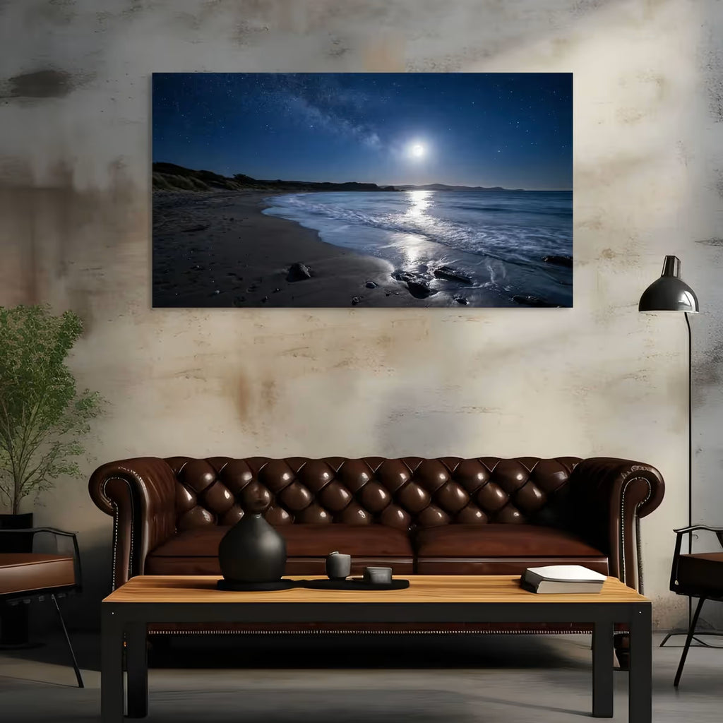 Moonlight Beach Canvas Wall Art Night Ocean Shore Landscape Print