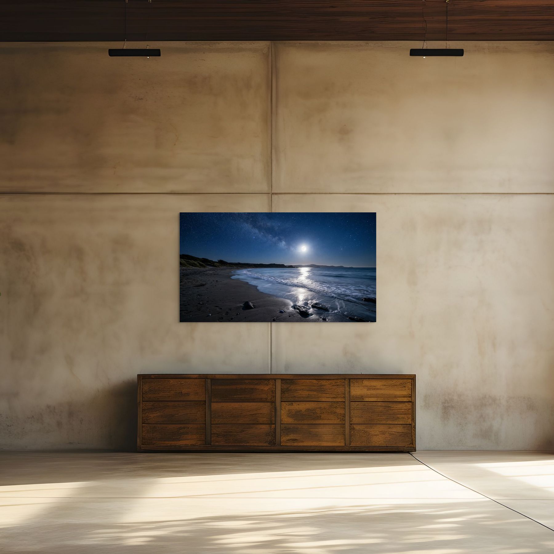 Moonlight Beach Canvas Wall Art Night Ocean Shore Landscape Print