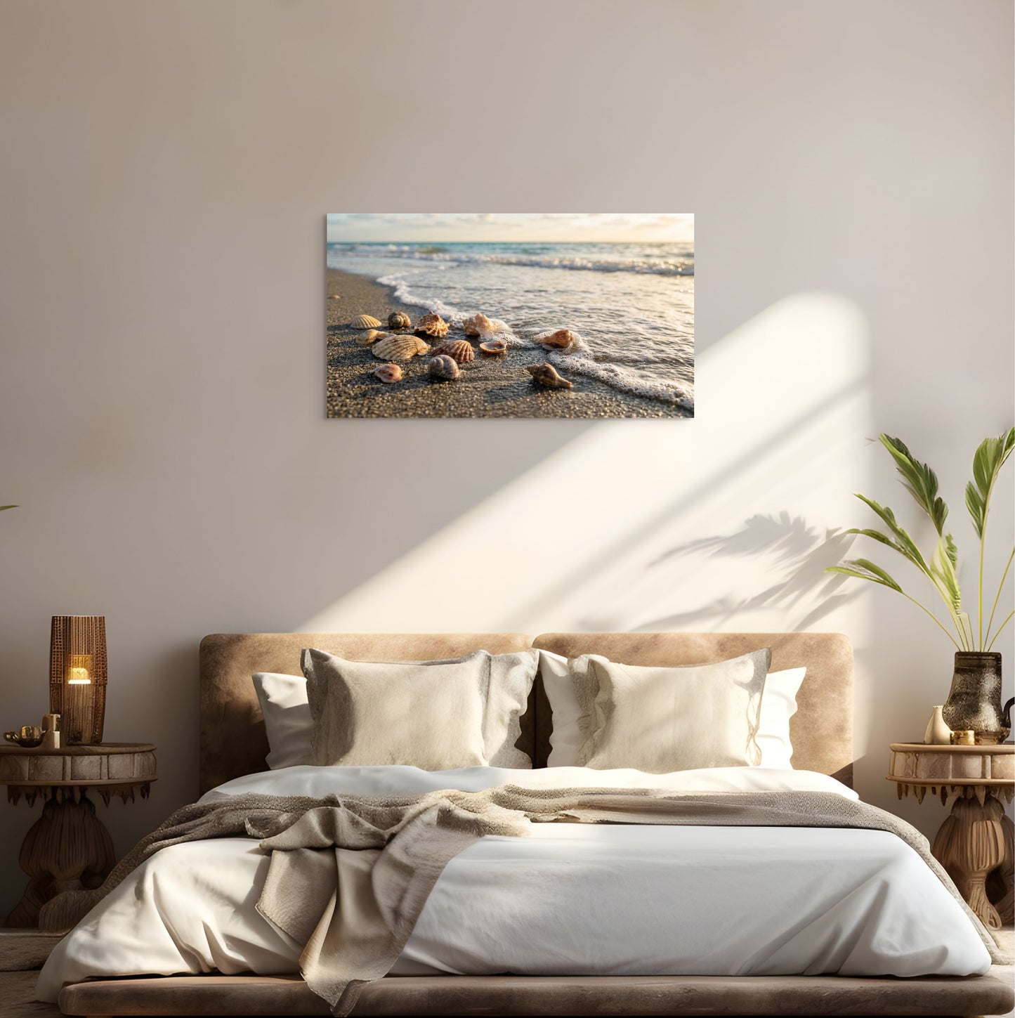 Seashell beach canvas wall art ocean shore coastal scene in modern bedroom.