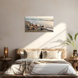 Seashell beach canvas wall art ocean shore coastal scene in modern bedroom.