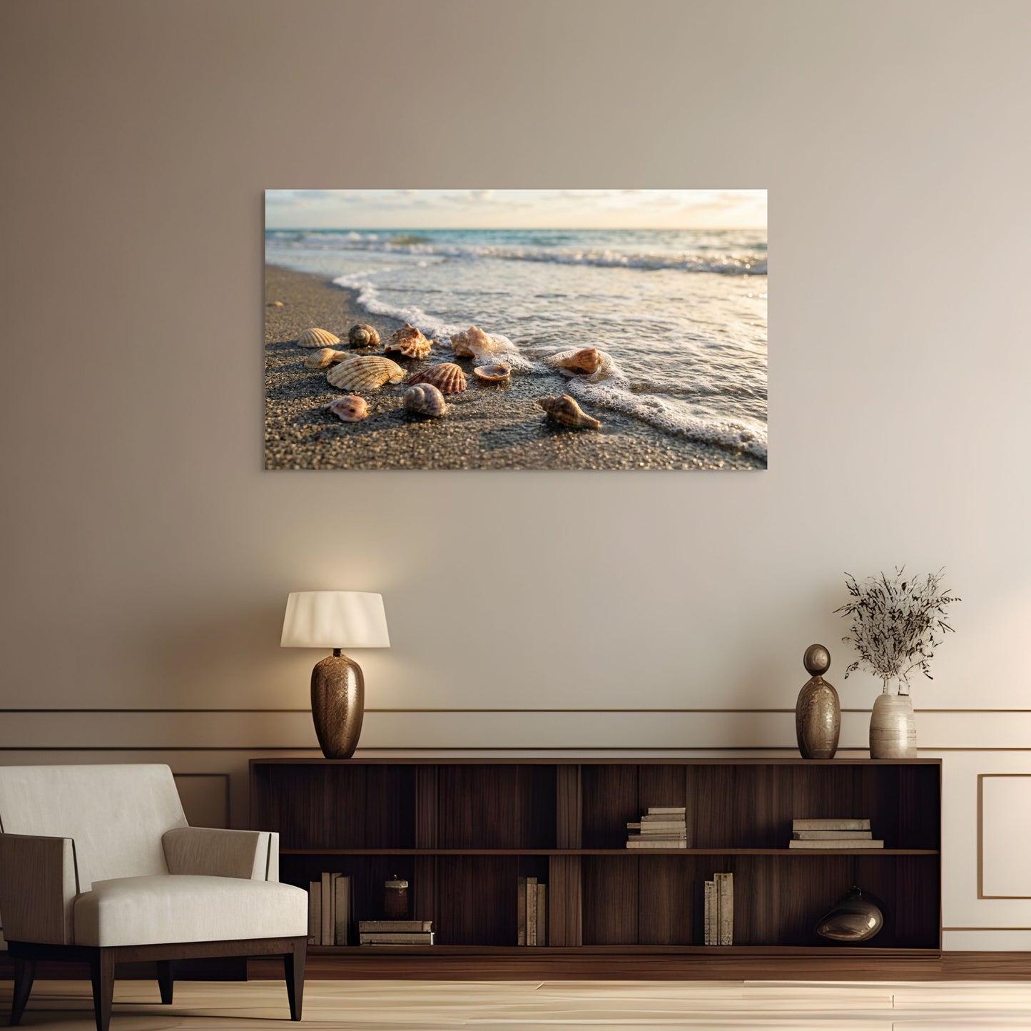 Seashell beach canvas wall art ocean shore coastal scene in family room.