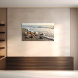 Seashell beach canvas wall art ocean shore coastal scene in living room.