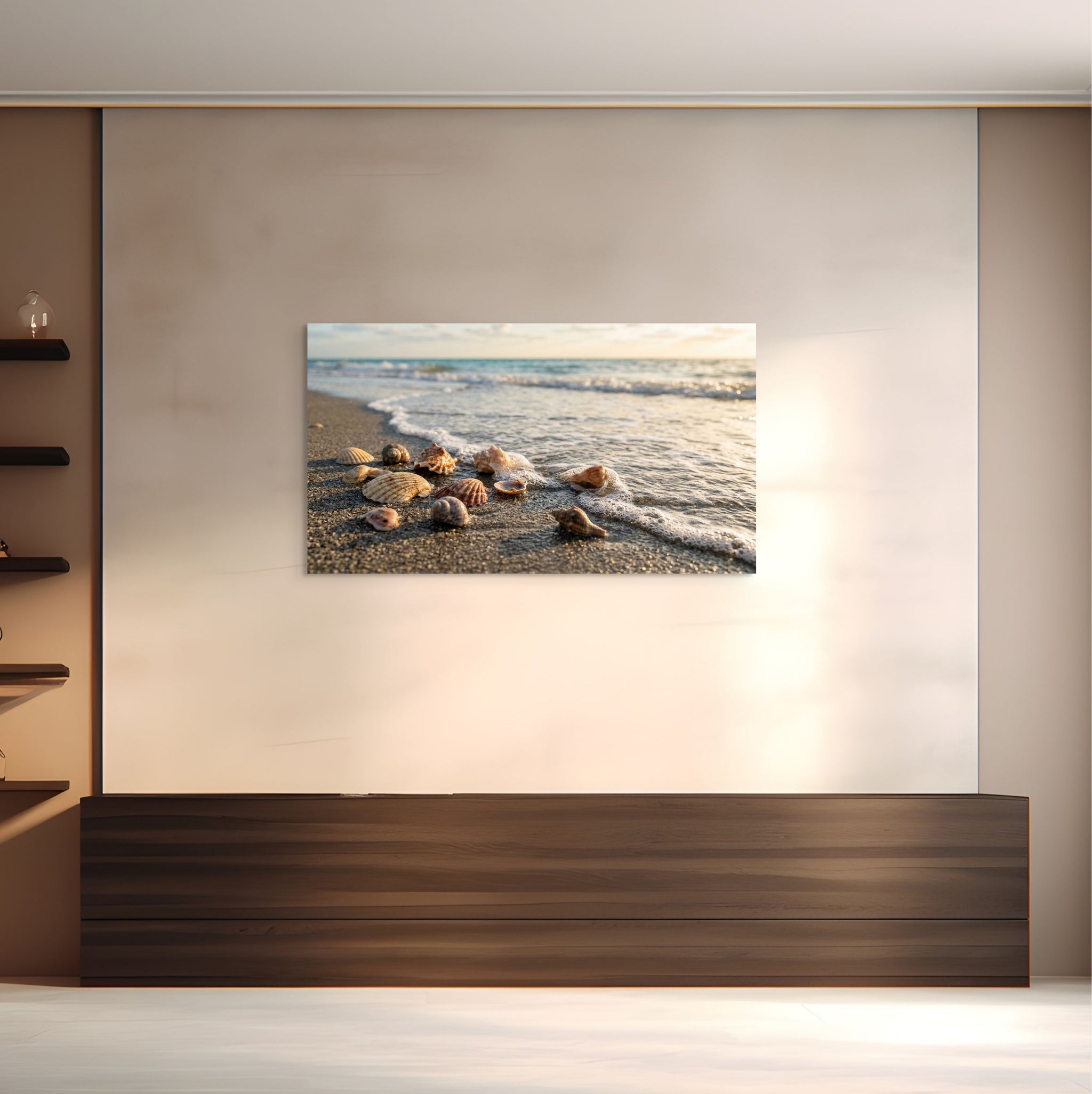Seashell beach canvas wall art ocean shore coastal scene in living room.