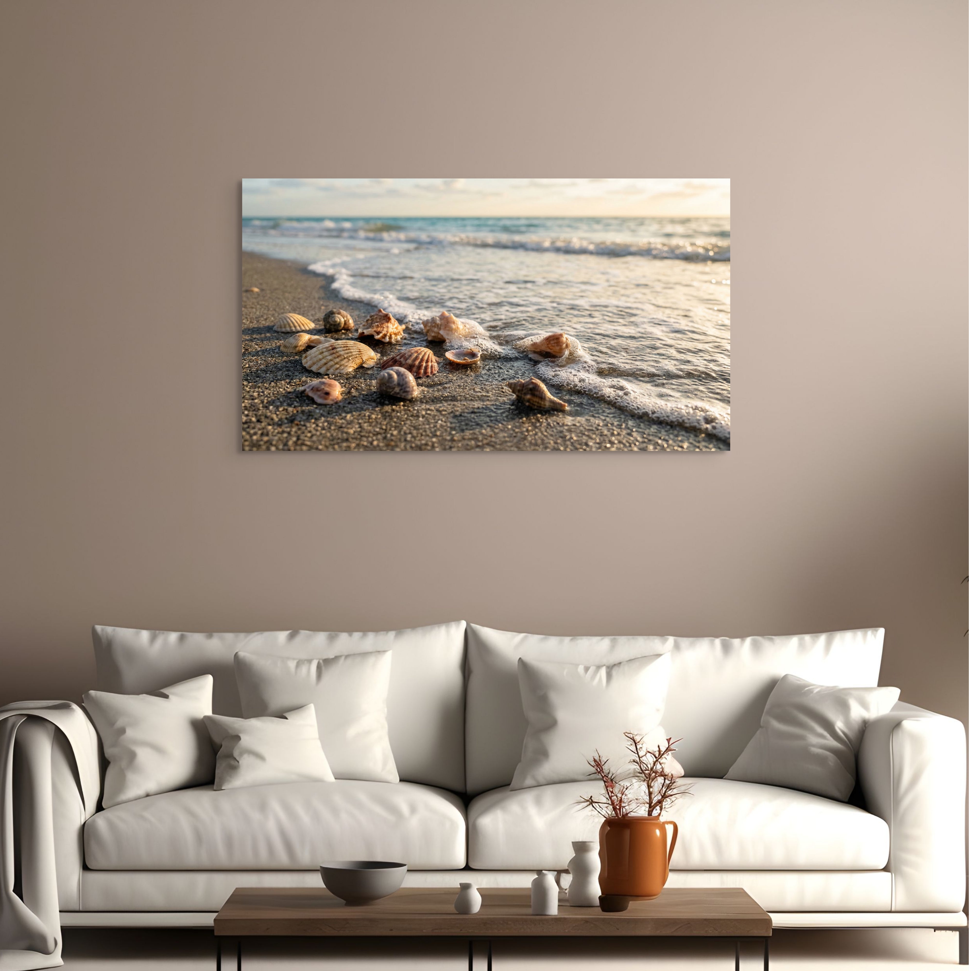Seashell beach canvas wall art ocean shore coastal scene in modern living room. Main image