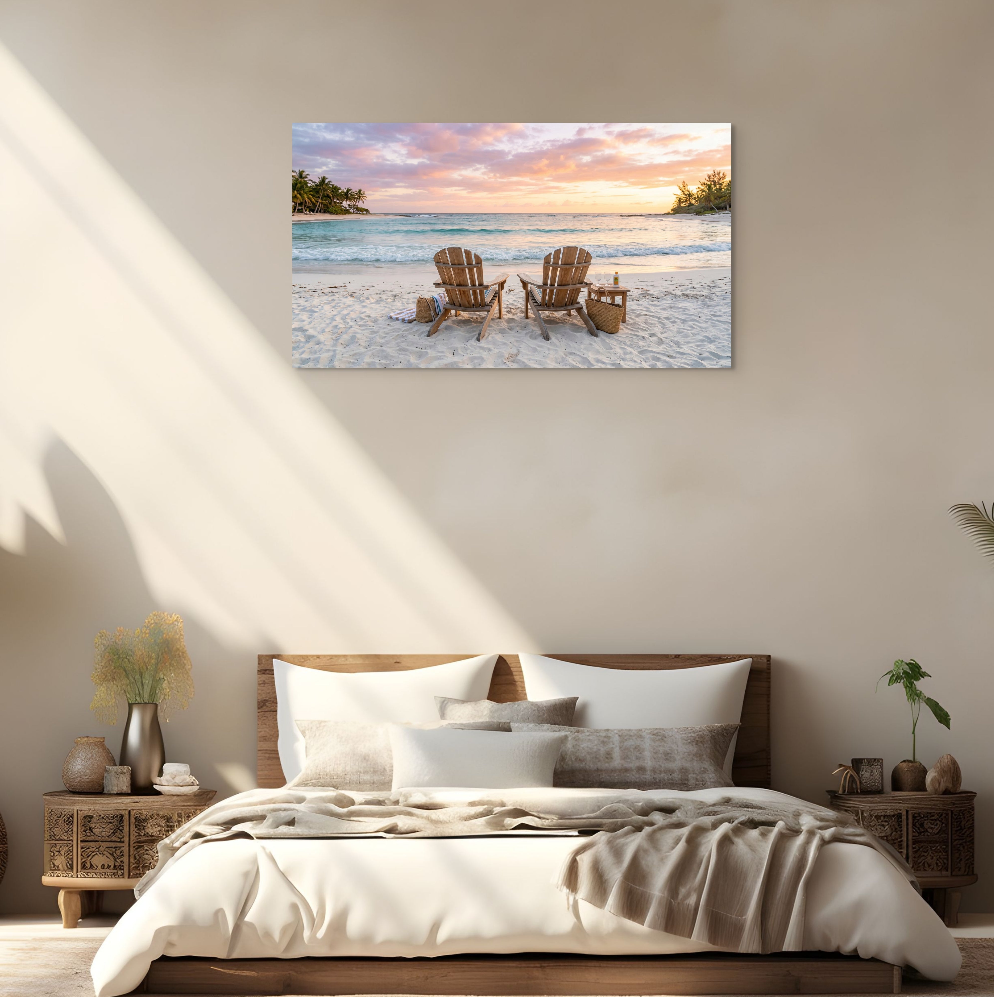 Sunset beach canvas wall art with Adirondack chairs and ocean on bedroom wall Main image