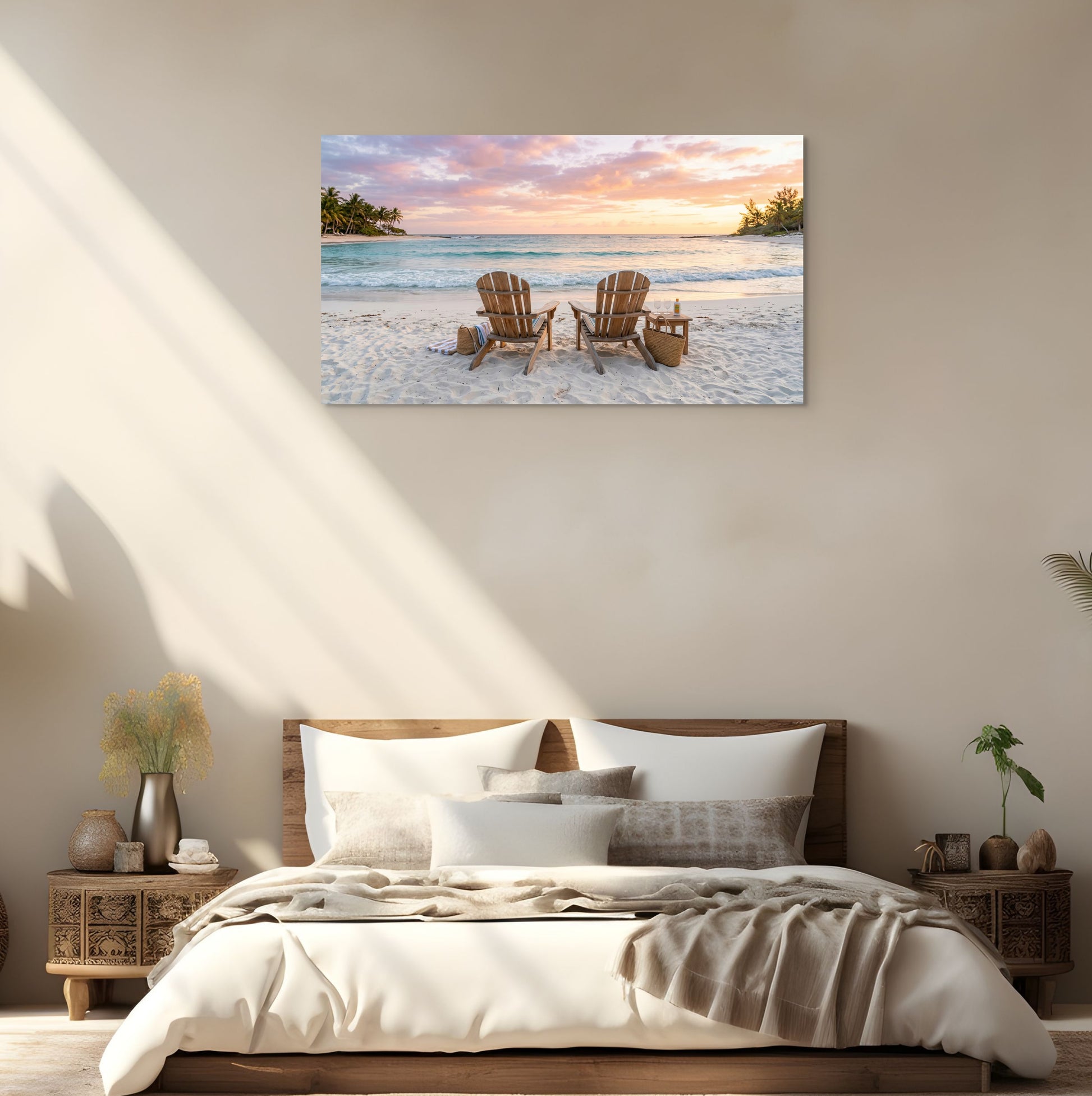 Sunset beach canvas wall art with Adirondack chairs and ocean on bedroom wall