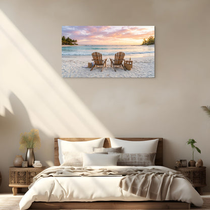 Sunset beach canvas wall art with Adirondack chairs and ocean on bedroom wall