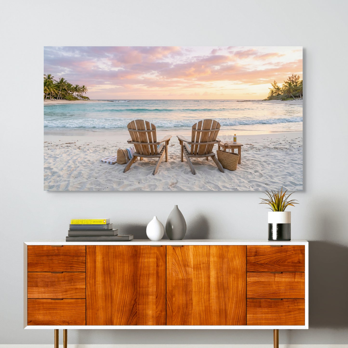 Sunset beach canvas wall art with Adirondack chairs and ocean