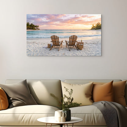 Sunset beach canvas wall art with Adirondack chairs and ocean in living room