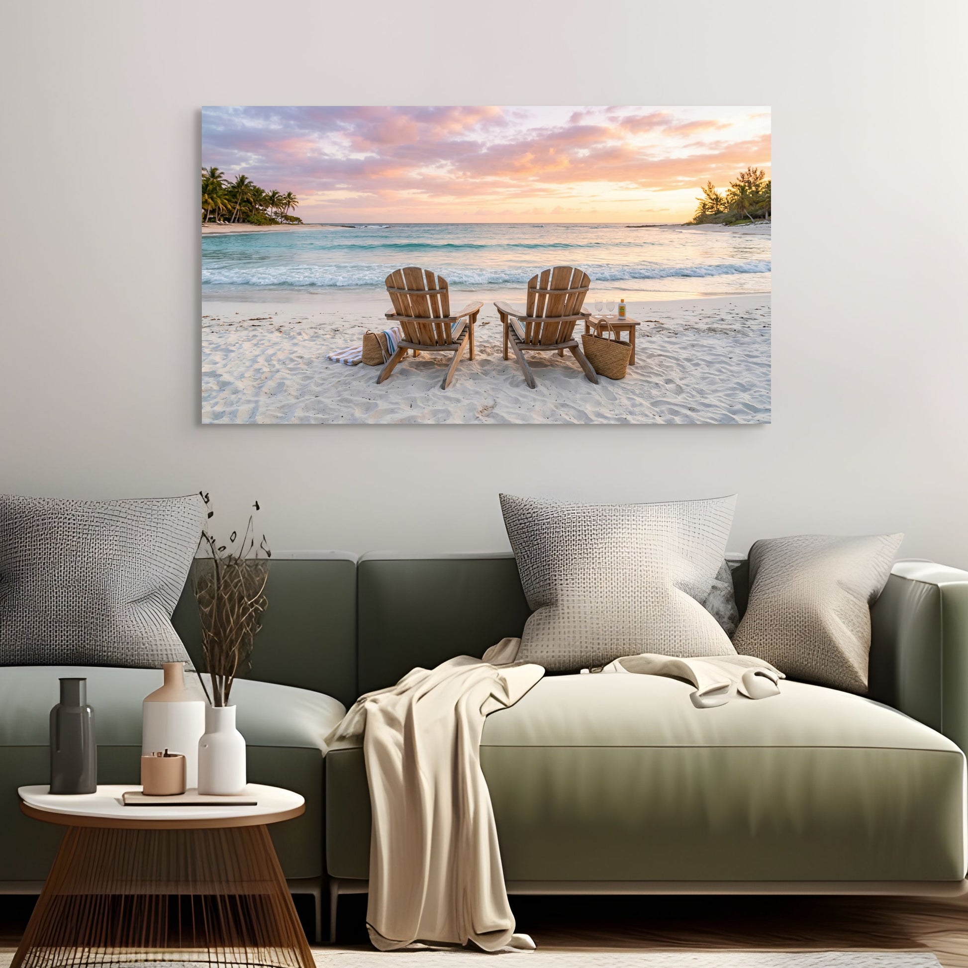 Sunset beach canvas wall art with Adirondack chairs and ocean in living room
