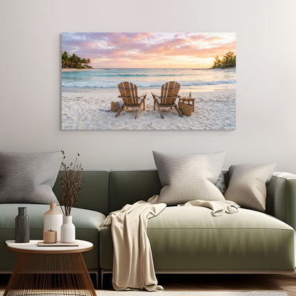 Sunset beach canvas wall art with Adirondack chairs and ocean in living room