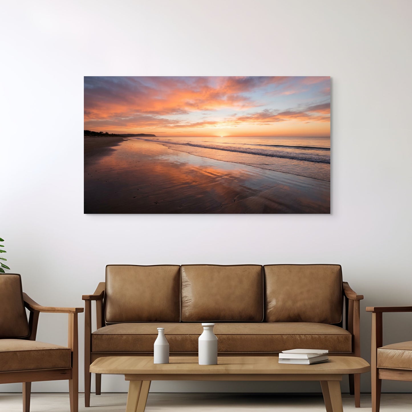 Sunset beach canvas print with glowing ocean waves