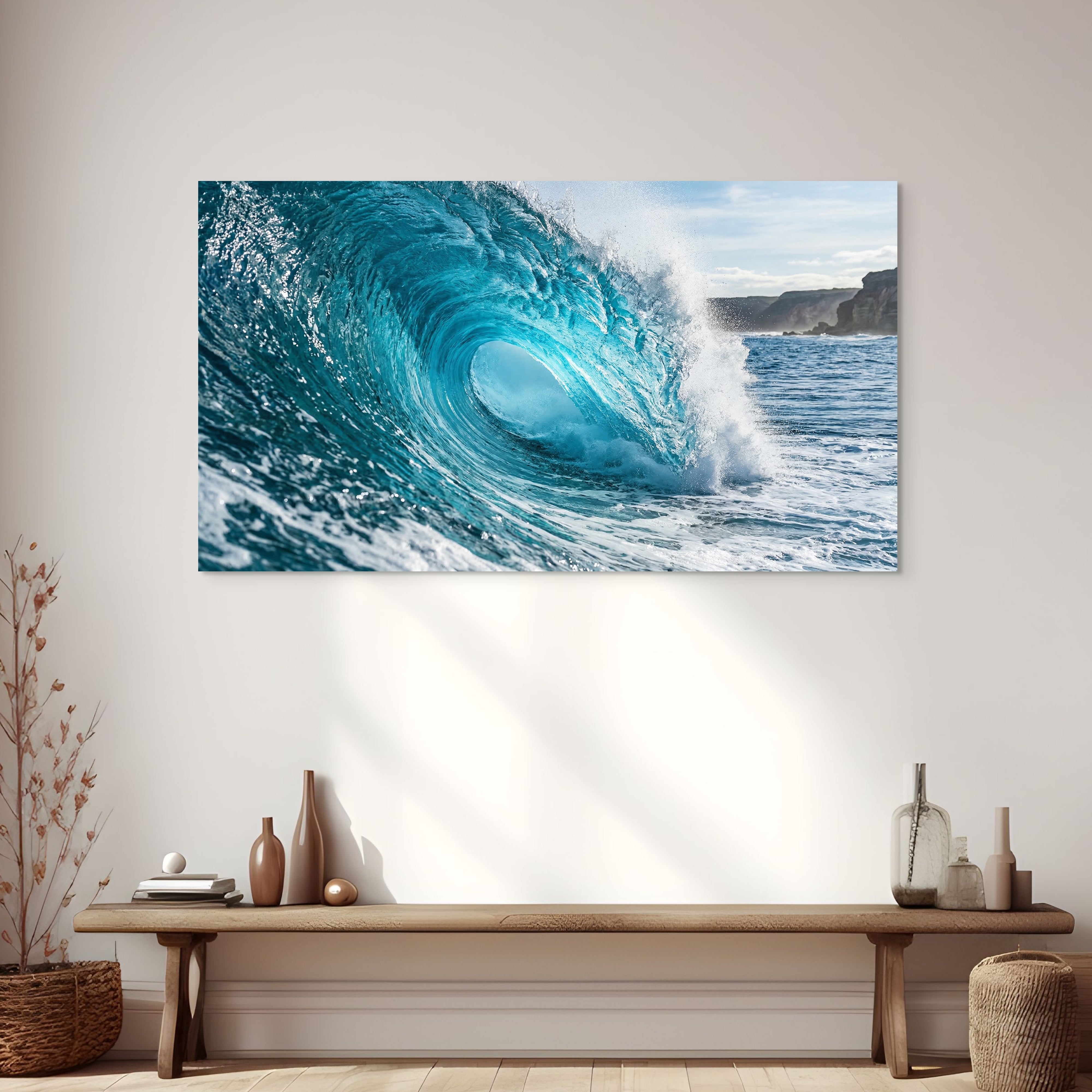 Large canvas print of a blue ocean wave hanging on a wall above a wooden bench. Main image