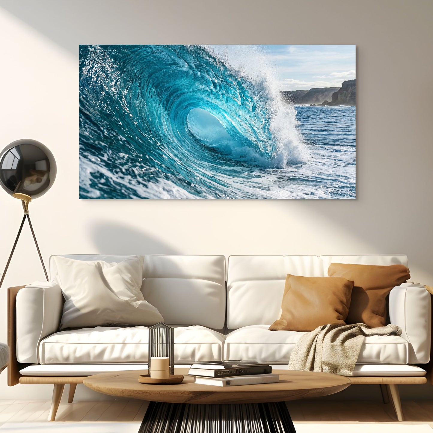 Living room with a large wall art of a blue ocean wave above a white sofa.