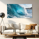 Living room with a large wall art of a blue ocean wave above a white sofa.