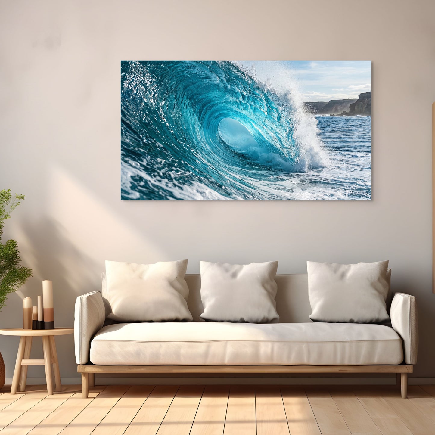Living room with a large canvas print of a blue wave on the wall above a beige sofa.