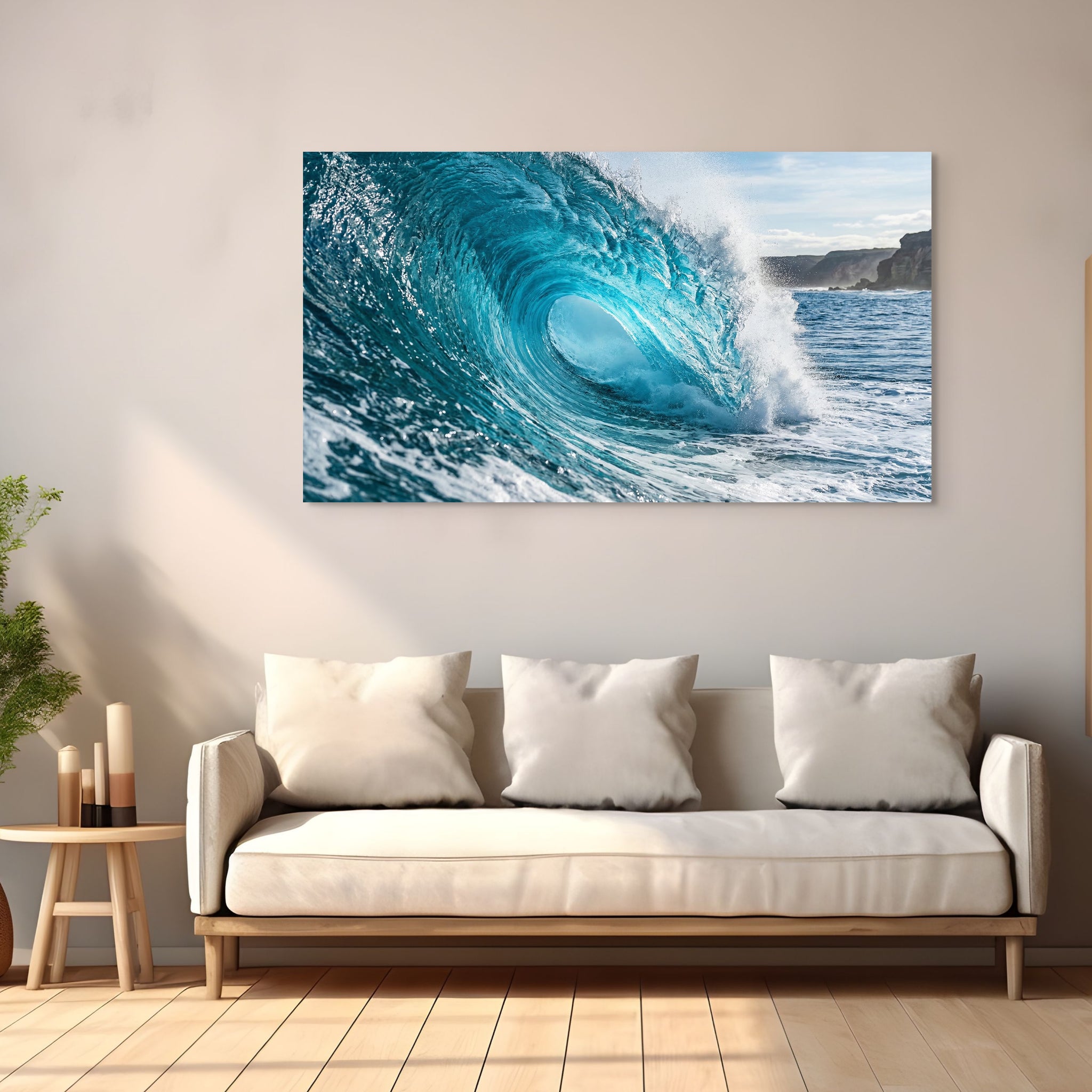 Living room with a large canvas print of a blue wave on the wall above a beige sofa.