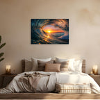 Bedroom with a large abstract painting of a sunset over water on the wall.