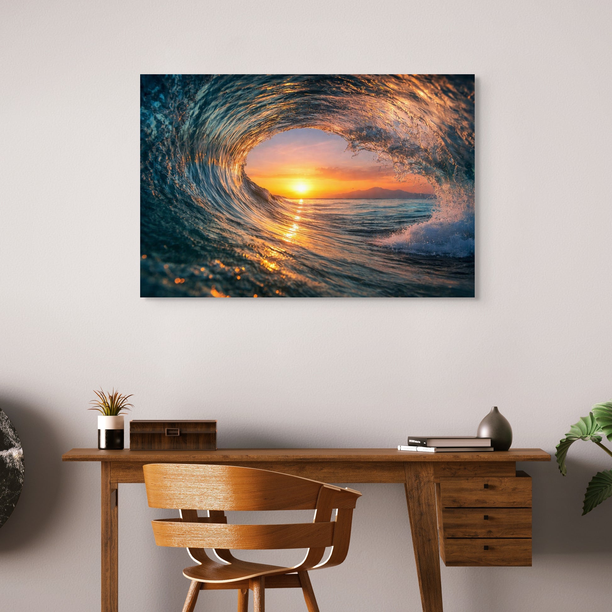 Wall art of a sunset in a wave above a wooden desk.