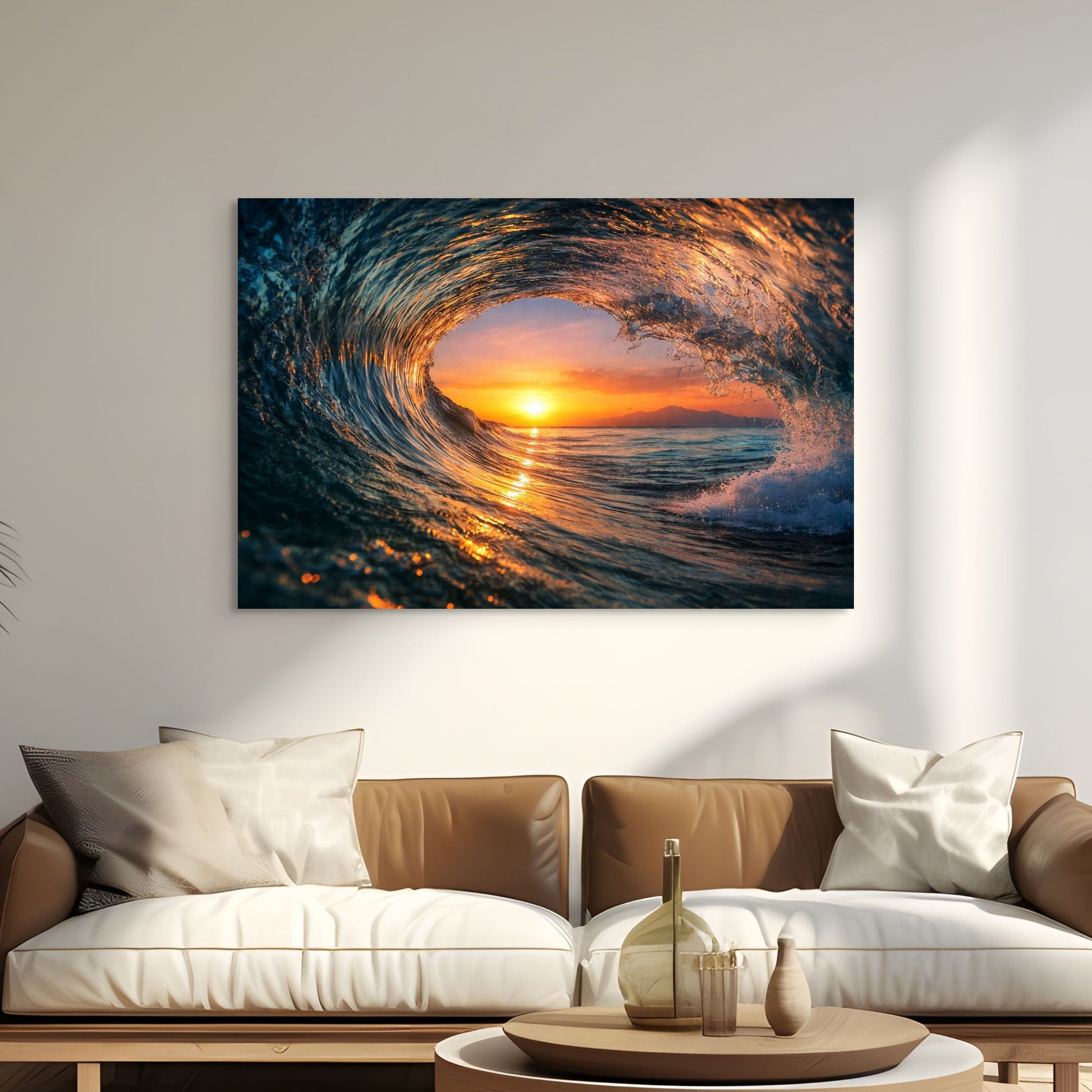 Sofa with a large wall art of a sunset in a wave, in a living room setting.