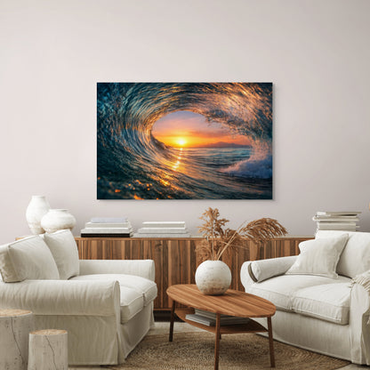 Living room with a large wall art of a sunset over water, white sofa, wooden coffee table, and decorative items.