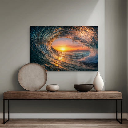 Surf Wave Barrel Canvas Wall Art – Sunset Ocean Surf Beach Decor