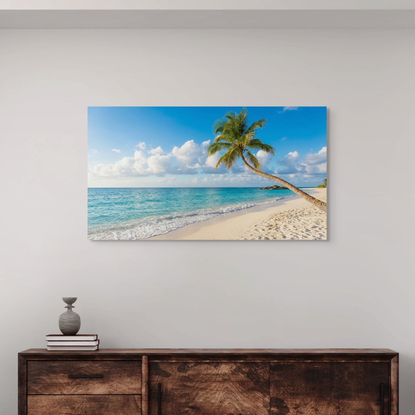 Tropical beach canvas wall art with palm trees and ocean over entrance way table.