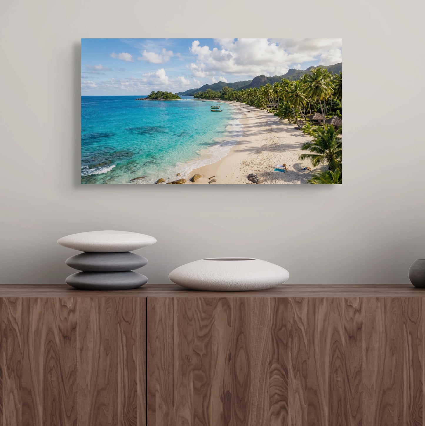 Tropical beach paradise canvas wall art palm tree ocean landscape over hallway table.