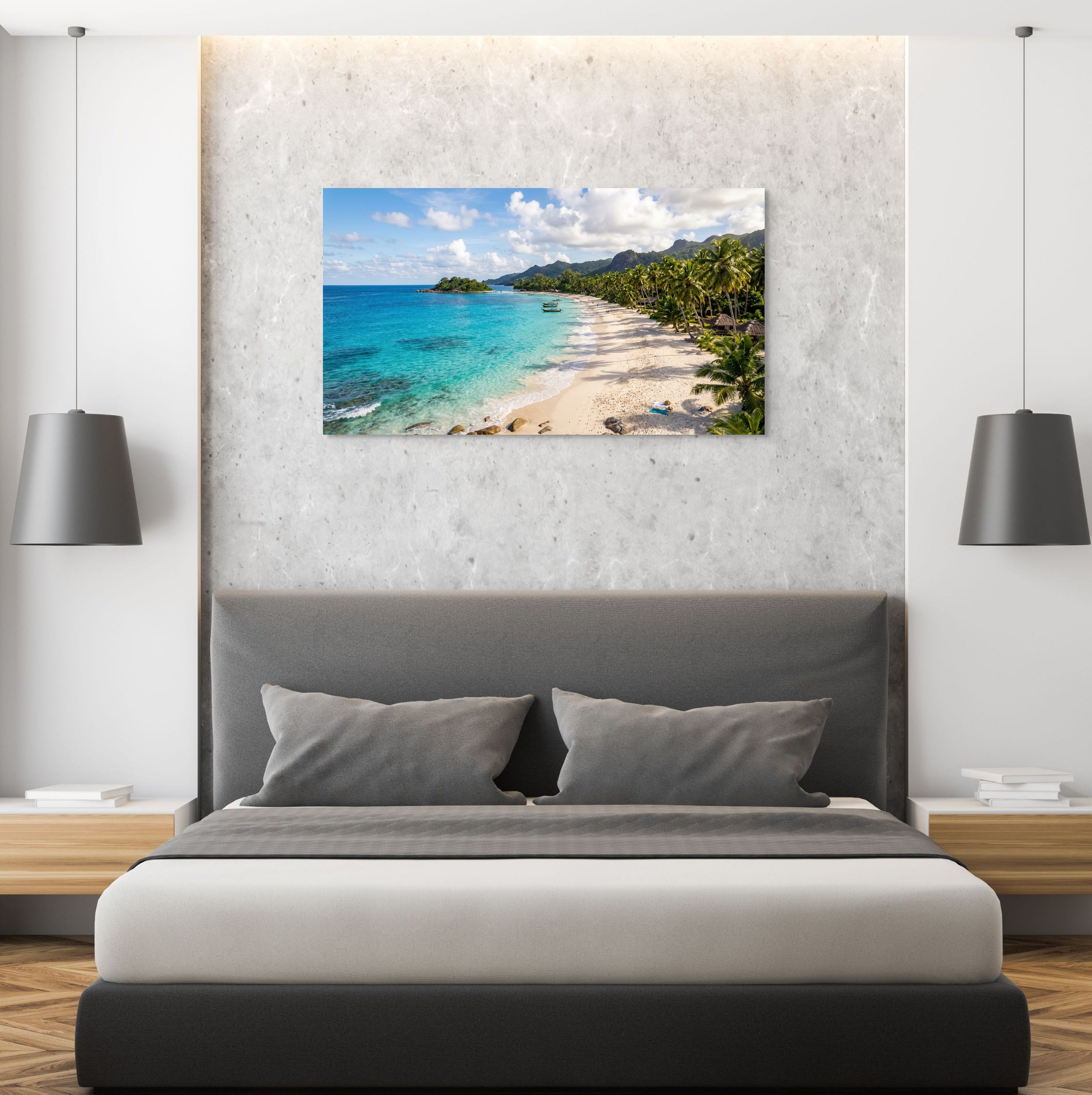 Tropical beach paradise canvas wall art palm tree ocean landscape in modern bedroom. Main image
